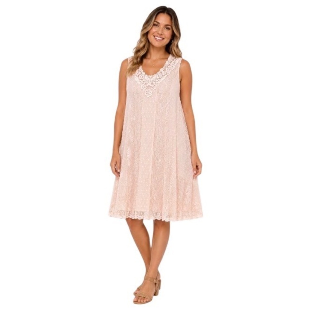 The Pyramid Collection Pink Lace Swiss Dot Sleeveless Dress 1X Plus Size Boho